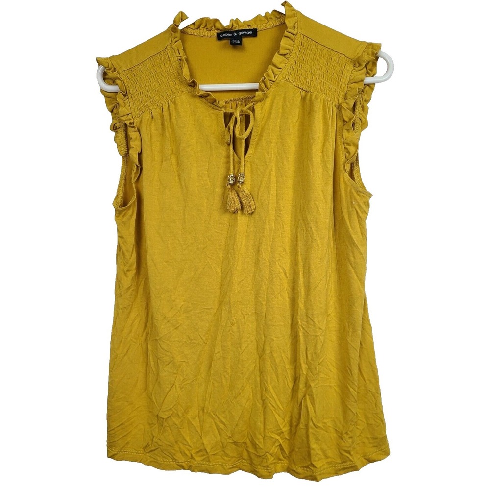 Cable & Gauge Womens‎ Sleeveless Ruffle Top Large Mustard Yellow Tassel Tie BOHO